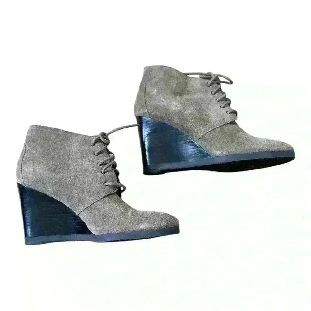 Franco Sarto Weston Taupe Brown Tan Suede Leather Lace Up Wedge Ankle Booties, 6 - Picture 9 of 10